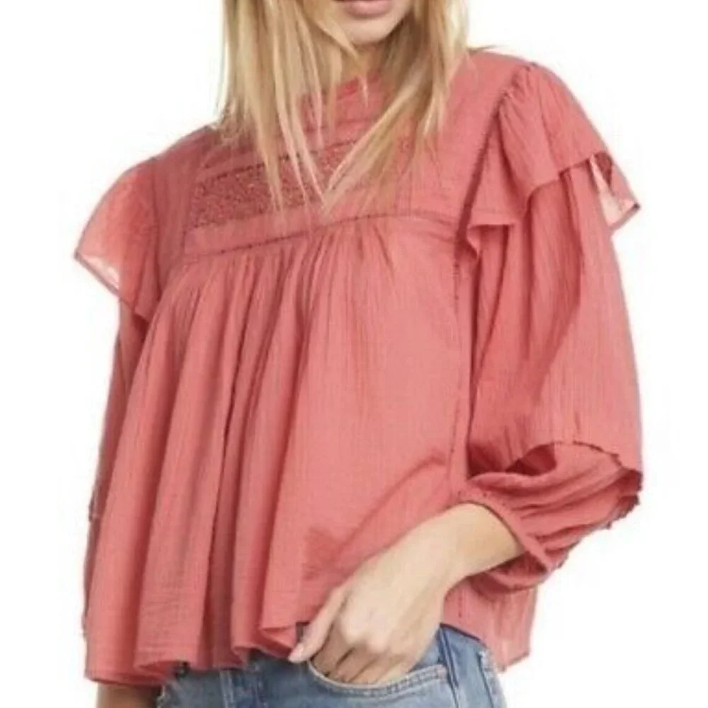 Free People Pink Laura Eyelet‎ Lace Peasant Top